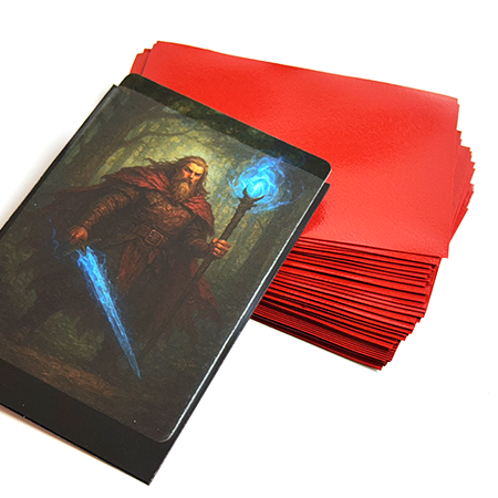 Red opaque-back TCG card sleeve holding a playing card