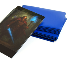 Blue TCG card sleeves with a game card